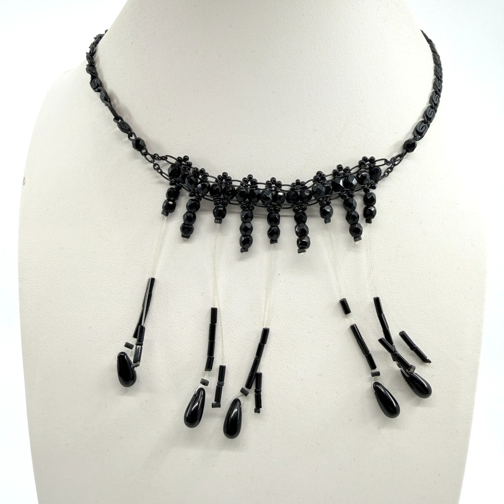 Vintage Y2K Robert Rose Black Beaded Goth Choker Necklace 90s